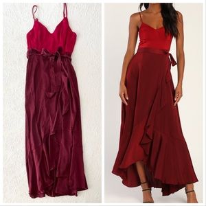 NWOT Lulus Double Darling Burgundy Color Block Satin Ruffled Maxi Dress Large
